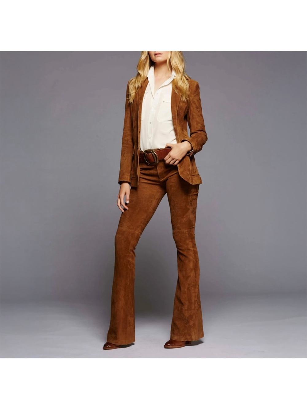 St. John Suede Leather calf Pants silk geometric print lining Made in Italy
